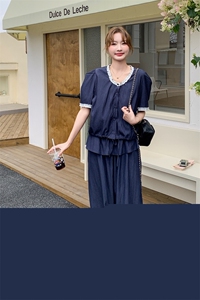 藏青色蕾丝拼接阔腿裤套装女夏2025新款两件套俏皮活泼韩版高级感图片