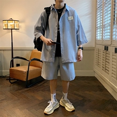 2026夏小清新条纹衬衫五分裤棉质宽松运动套装TZ8090/P65蓝色，男装休闲套装，电商A094