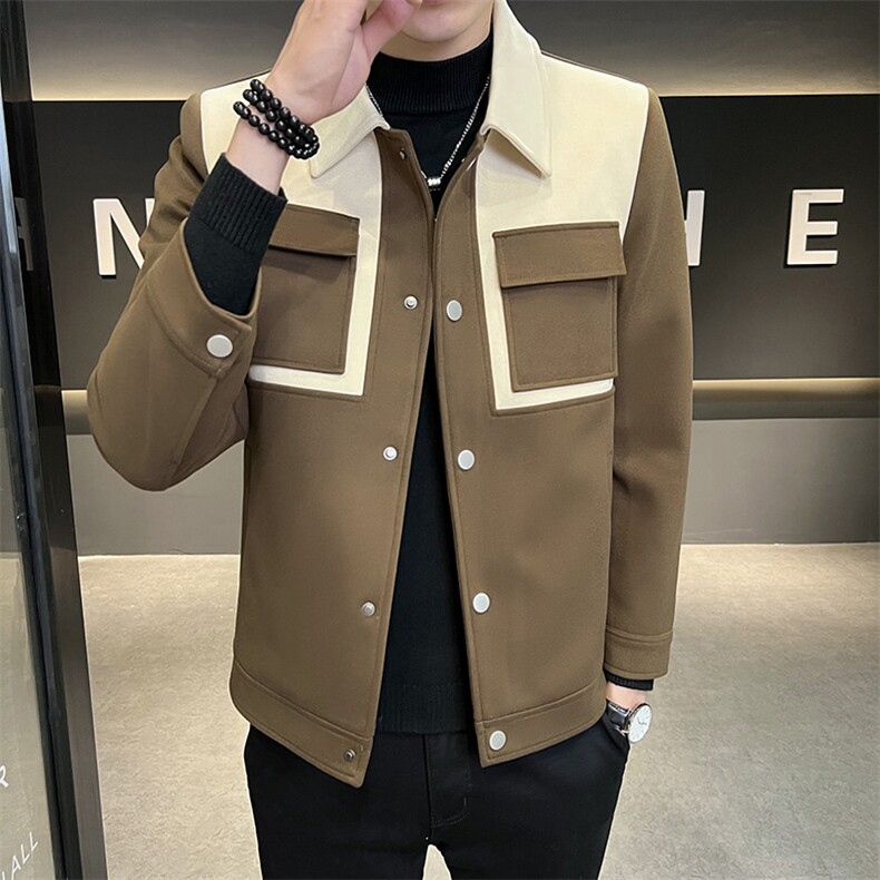 2023春季新品男士秋冬短款修身呢料拼色衣潮流休闲撞色呢料外套，男装毛呢大衣，电商B248