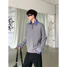网现货假两件拼接polo领新款长袖针织衫男早秋学院B46-P73，男装针织衫/毛衣，星座910-1