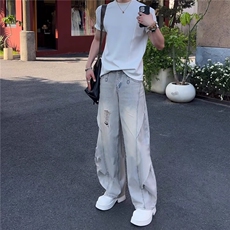 夏季美式水洗破洞牛仔裤男宽松百搭休闲直筒潮牌阔腿裤无品牌流行，男装牛仔裤，星座506A