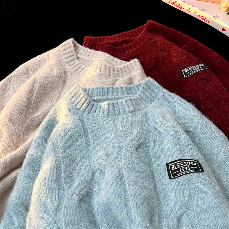 8XL-M圆领毛衣男秋冬慵懒风宽松情侣装麻花针织羊毛衫MY19004P68,男装针织衫/毛衣,电商B312