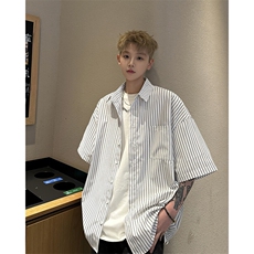 港风条纹短袖衬衫男款潮牌痞帅外穿五分袖上衣25XC33153特批35，男装衬衫，电商A042