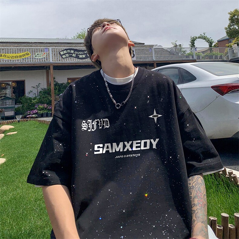 量大优供抖音视频 支持得物配合二开美式满天星亮片短袖T恤MTX337图片