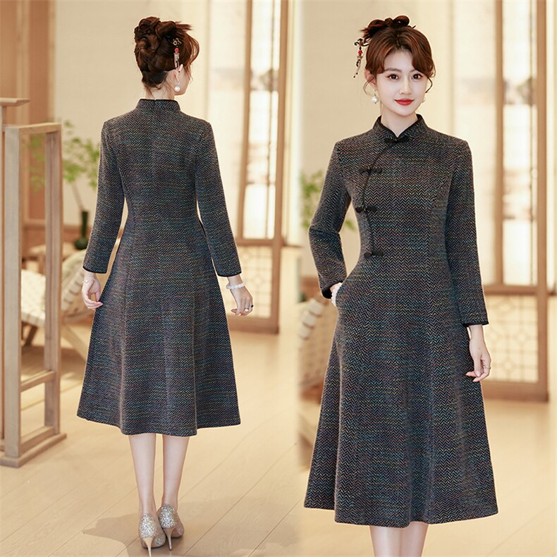 新中式风立领加厚针织改良版宴会礼服旗袍827P155,女装汉服/婚纱/旗袍/礼服,乐衣轩