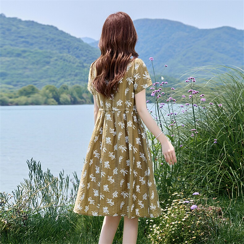 复古印花短袖连衣裙女2025夏季新款系带收腰显瘦气质减龄休闲裙子,女装连衣裙,姿衣坊