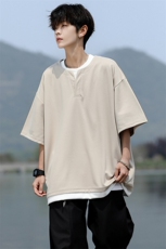 8XL-M重磅斜纹假两件短袖t恤男夏季薄款宽松大码半袖体恤DT006P45，男装T恤，电商B312