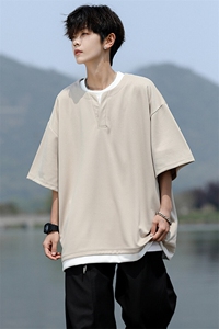 8XL-M重磅斜纹假两件短袖t恤男夏季薄款宽松大码半袖体恤DT006P45图片