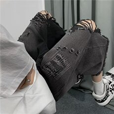 美式街头破洞牛仔裤男直筒宽松欧美高街vibe风短裤N01637-P40，男装牛仔裤，星座308B-1