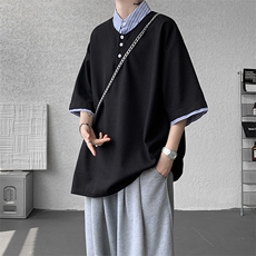 8XL-M假两件衬衫领短袖T恤大码夏季条纹拼接polo衫半袖DX1211/P45，男装T恤，电商B238