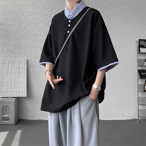 8XL-M假两件衬衫领短袖T恤大码夏季条纹拼接polo衫半袖DX1211/P45图片
