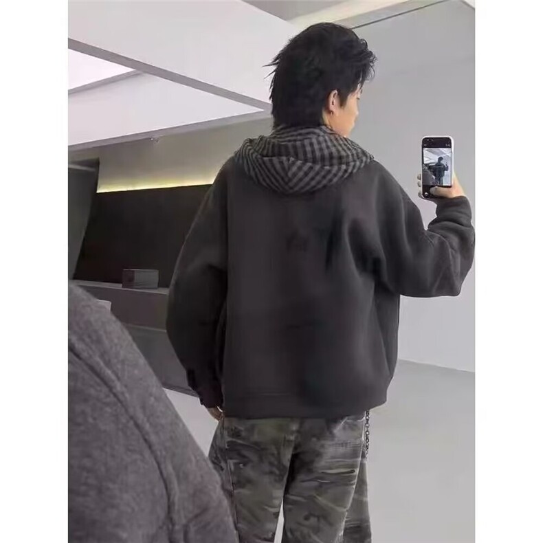 美式重磅加厚假两件卫衣外套男秋冬潮牌宽松连帽格纹拼接夹克开衫,男装夹克,星座506A