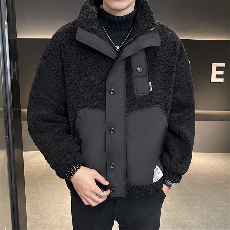 店主风羊羔绒外套男冬季加绒加厚上衣立领宽松拼接棉衣88912-P165,男装棉衣,电商A413