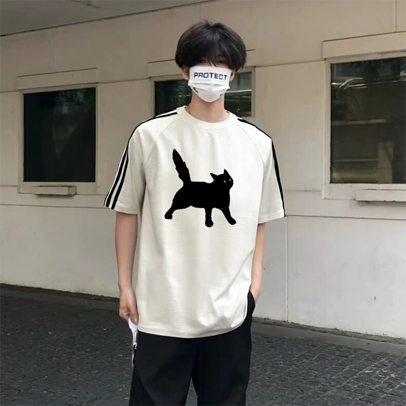 抖音得物高品质二开240克宽松纯棉美式潮牌三条杠织带短袖T恤，男装T恤，电商A486-1