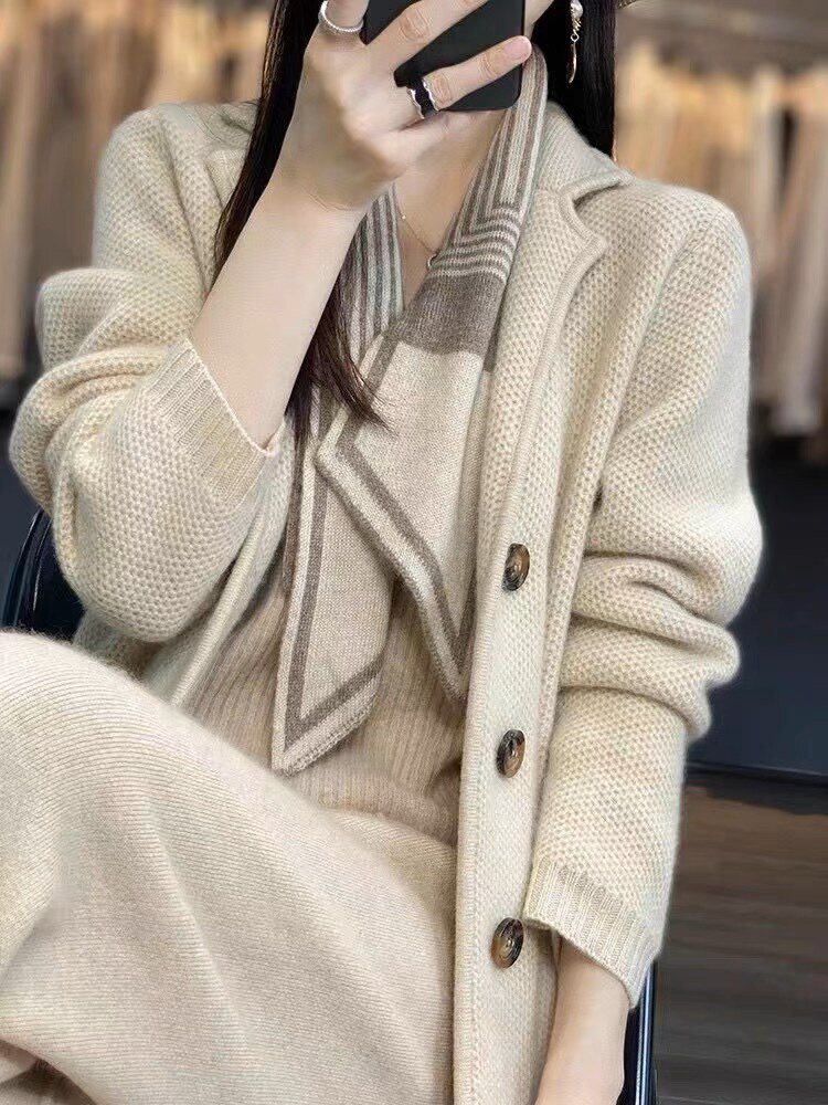 35%羊绒西装领羊绒开衫女重磅加厚宽松慵懒风针织外套,女装羊绒衫,以美红杉羊绒