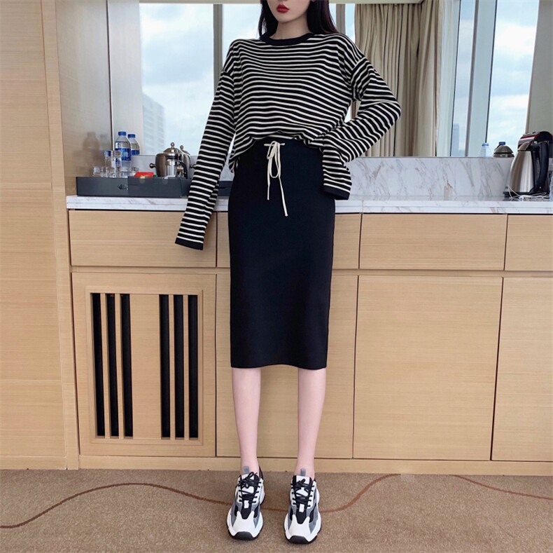 网红时尚新款条纹针织套装长袖T恤衫两件套,女装套装/套裙,潮品会