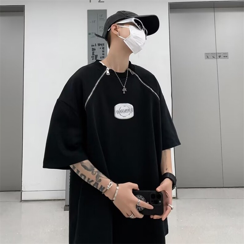 夏季新款港风纯色拉链拼接潮流百搭短袖TT35-P33,男装T恤,星座1109-3