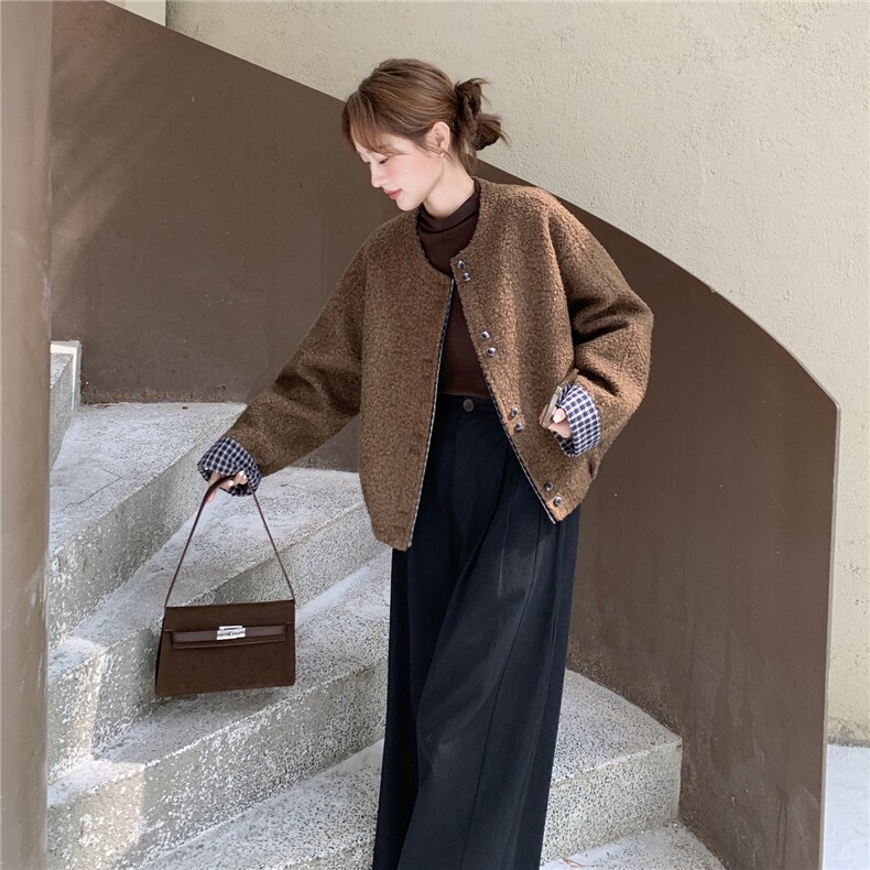 咖色美拉德复古毛呢外套女短款2025年秋冬新款韩版高级感呢子上衣,女装短外套,2C232
