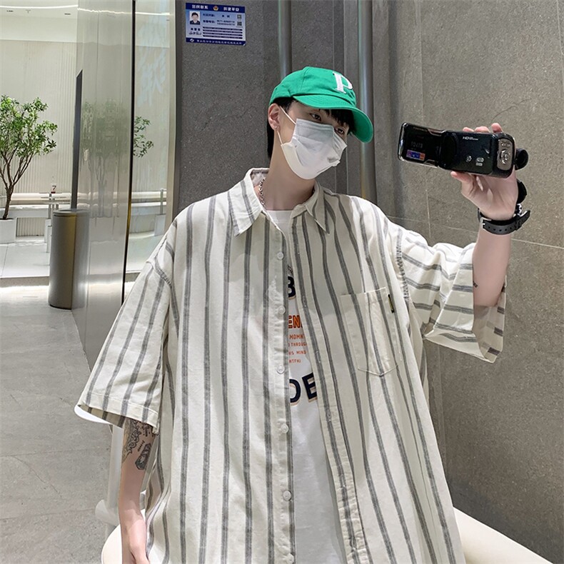 夏季设计感潮流外套ins港风日系百搭上衣条纹短袖衬衫男W3197-P34,男装衬衫,星座512-2