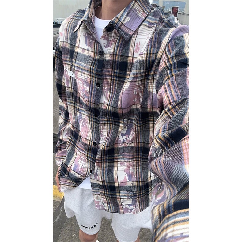 美式扎染条纹格子衬衫男女复古长袖衬衫上衣外套C2245-特价P33图片