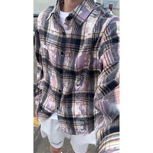 美式扎染条纹格子衬衫男女复古长袖衬衫上衣外套C2245-特价P33图片