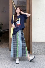 趣味印花T恤复古格子半身裙套装女2025年夏季新款简约显瘦两件套，女装连衣裙，2D008