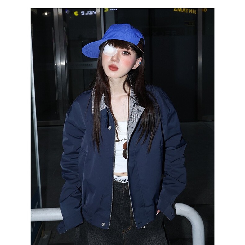 美式复古格纹撞色拼接夹克上衣男女春秋宽松休闲情侣痞帅工装外套,男装夹克,星座1210-1