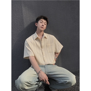 条纹肌理感夏季小众设计感衬衫短袖男士潮流美式潮流衬衣 P35图片