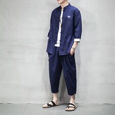 中国风大码套装复古刺绣七分袖衬衫唐装宽松棉麻休闲裤TZ073/P100，男装套装，电商A008