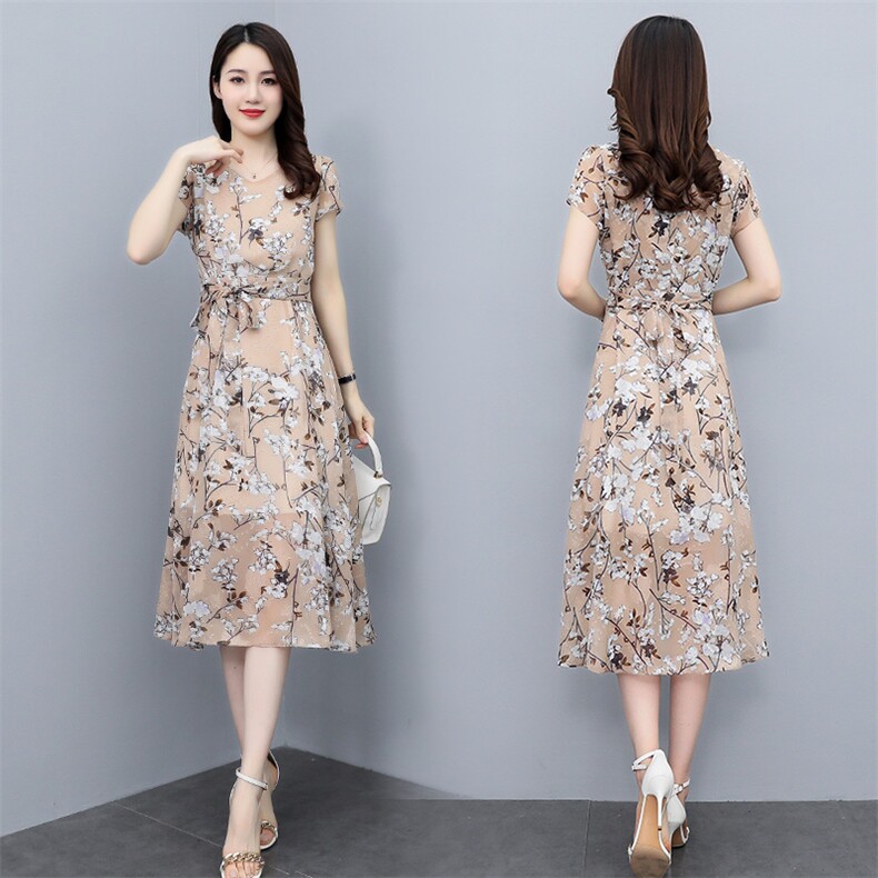 时尚印花雪纺连衣裙女短袖2023夏新款高级感有女人味过膝长裙显瘦，女装连衣裙，牡丹诺