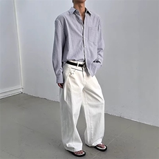 yghome春秋韩系极简蓝色条纹衬衫男长袖宽松休闲复古内搭翻领衬衫，男装衬衫，星座506A