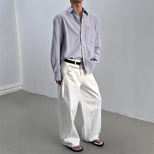 yghome春秋韩系极简蓝色条纹衬衫男长袖宽松休闲复古内搭翻领衬衫图片
