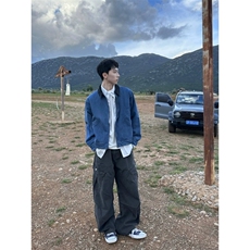 美式复古水洗短款cleanfit牛仔外套藏蓝宽松休闲夹克外套，男装工装外套，四季星座505