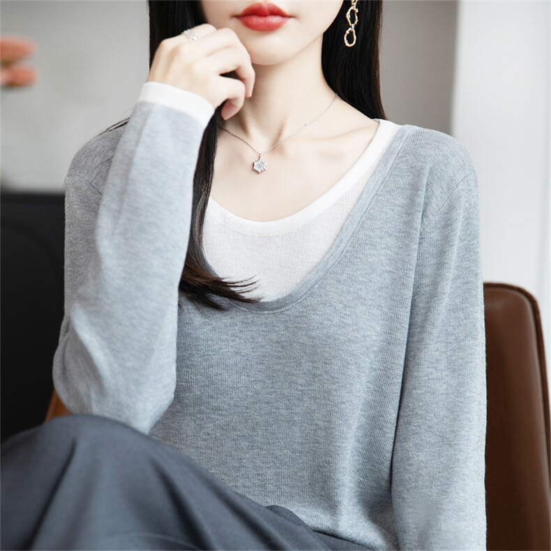 法式假两件针织衫女2025新款长袖保暖打底毛衣小衫洋气拼色毛衣潮，女装针织衫/毛衣，菲奥羊绒