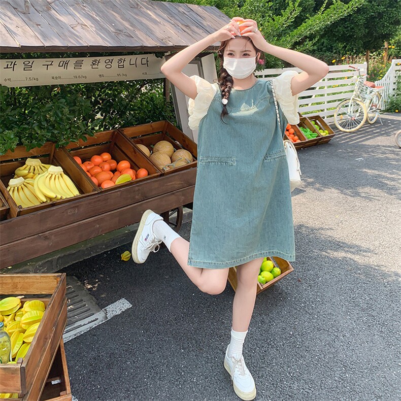 设计感气质泡泡拼接假两件牛仔连衣裙女2024夏季新款小个子中长裙,女装连衣裙,2C292