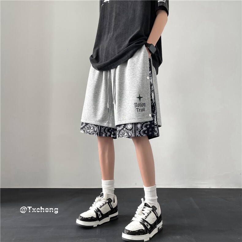 潮牌腰果花假两件排扣短裤运动宽松中裤B315-K23324-P45控58,男装休闲裤,电商B315