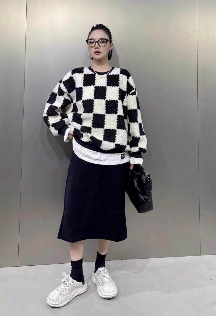 冬季新款棋盘格羊羔毛假两件宽松卫衣，女装卫衣/绒衫，AT(2F)