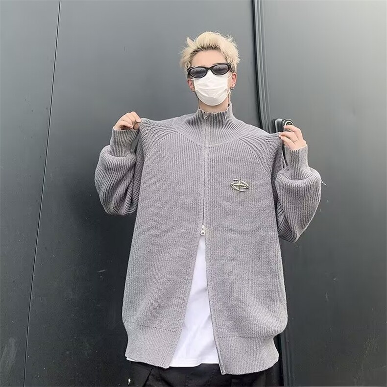 秋冬潮流极简高极感重磅粗棒针坑条纹理双向拉链翻领毛衣开衫外套图片