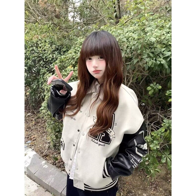 美式复古刺绣字母棒球服女春季新款重磅bf慵懒风百搭宽松夹克上衣,男装夹克,星座506A