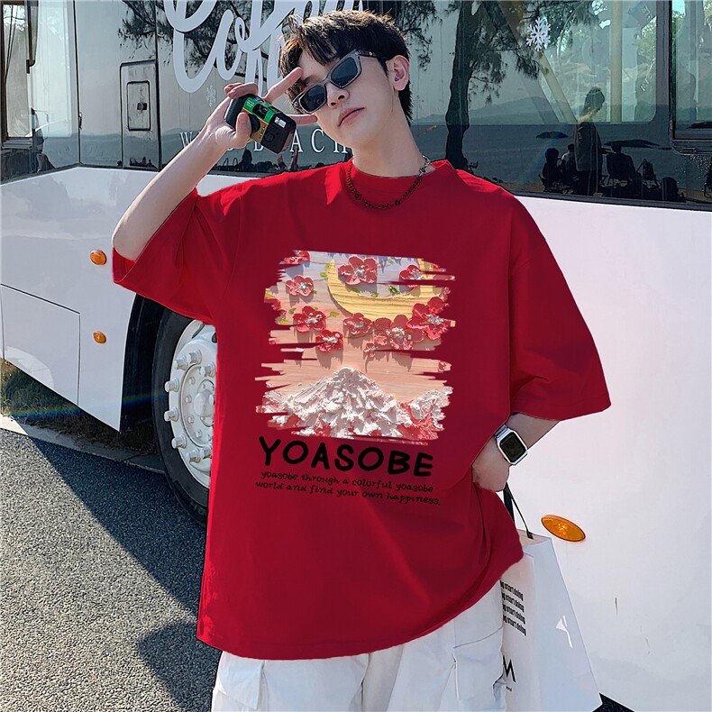 富士山樱花粉色短袖T恤男280g重磅多巴胺oversize潮牌潮流7分袖夏,男装T恤,电商A426-1(原A430-1)