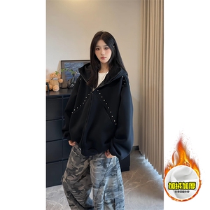 480G重磅加绒硬挺boxy 男女秋冬美式高街卫衣铆钉拼接开衫厚外套图片