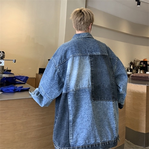 秋冬设计感撞色水洗做旧牛仔外套潮牌美式hiphop宽松休闲翻领夹克图片