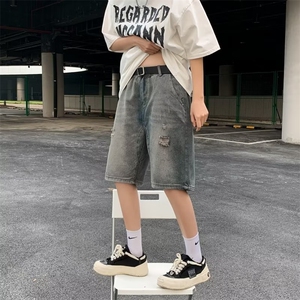 牛仔短裤男夏季美式复古潮流水洗直筒裤子高街vibe痞帅K1053-P38图片