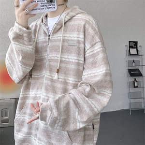 8XL-M 潮情侣美式磨毛编织条纹针织衫卫衣宽松拉链外套WY30P88图片