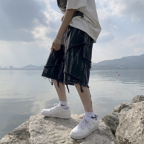 港风暗黑原宿风夏季五分裤男毛边牛仔短裤宽松休闲裤男DK101-P40图片