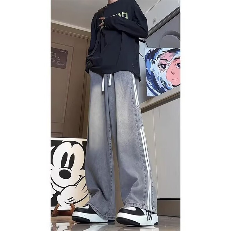 1506/QK10470/P41三条杠条纹男生秋季宽松直筒潮牌高街休闲长裤图片