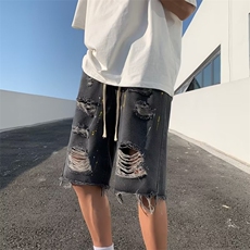 男五分裤休闲青春流行夏季潮慵懒潮流ins潮牌新款泼墨牛仔裤破洞，男装牛仔裤，四季星座218-1