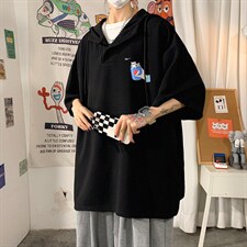 LD54262-P45 NASA连帽短袖t恤男大码胖子带帽五分袖中袖 海报风图片