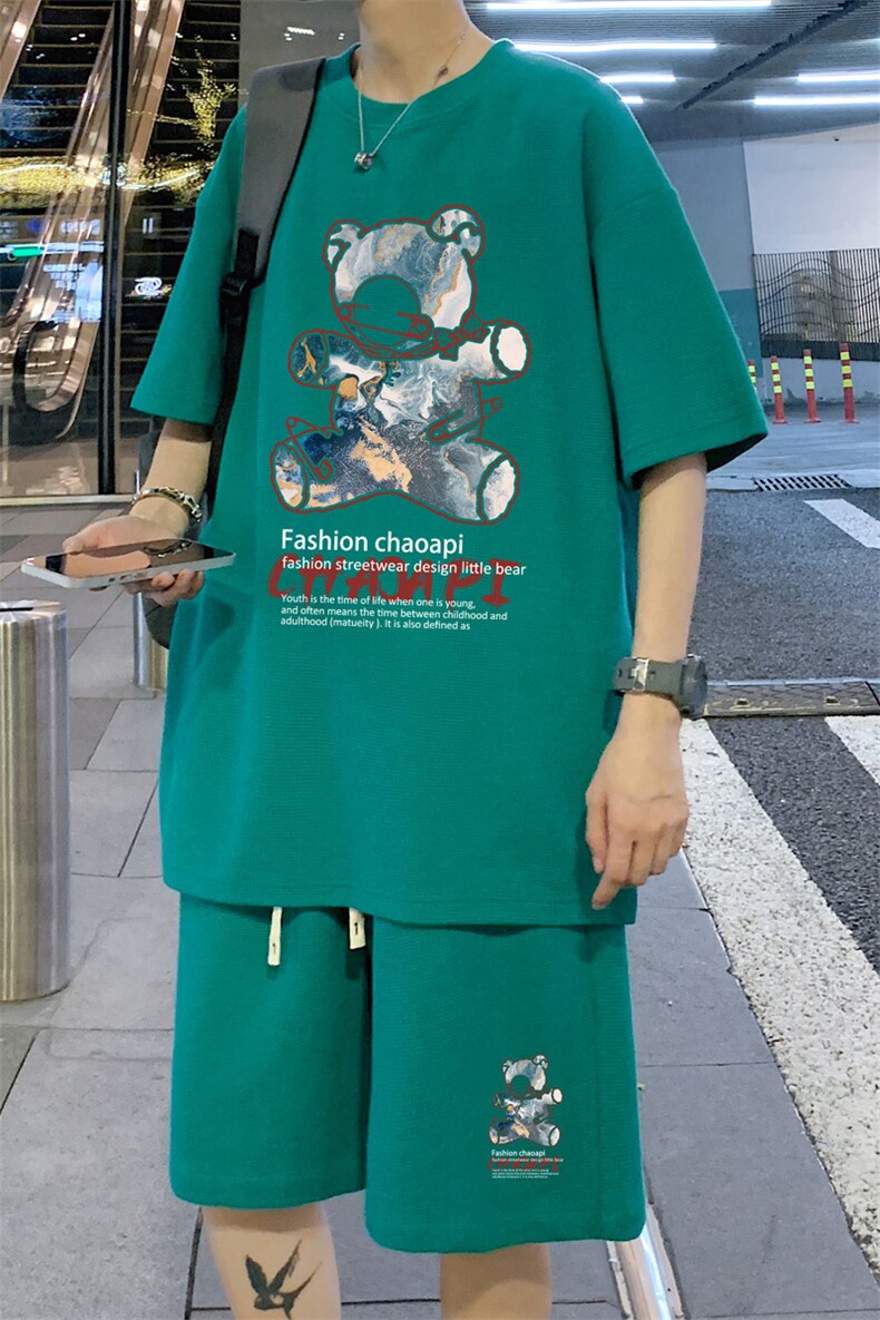 ！直播推荐2024夏季男士小熊印花华夫格短袖套装HTZ21P50,男装T恤,电商B220
