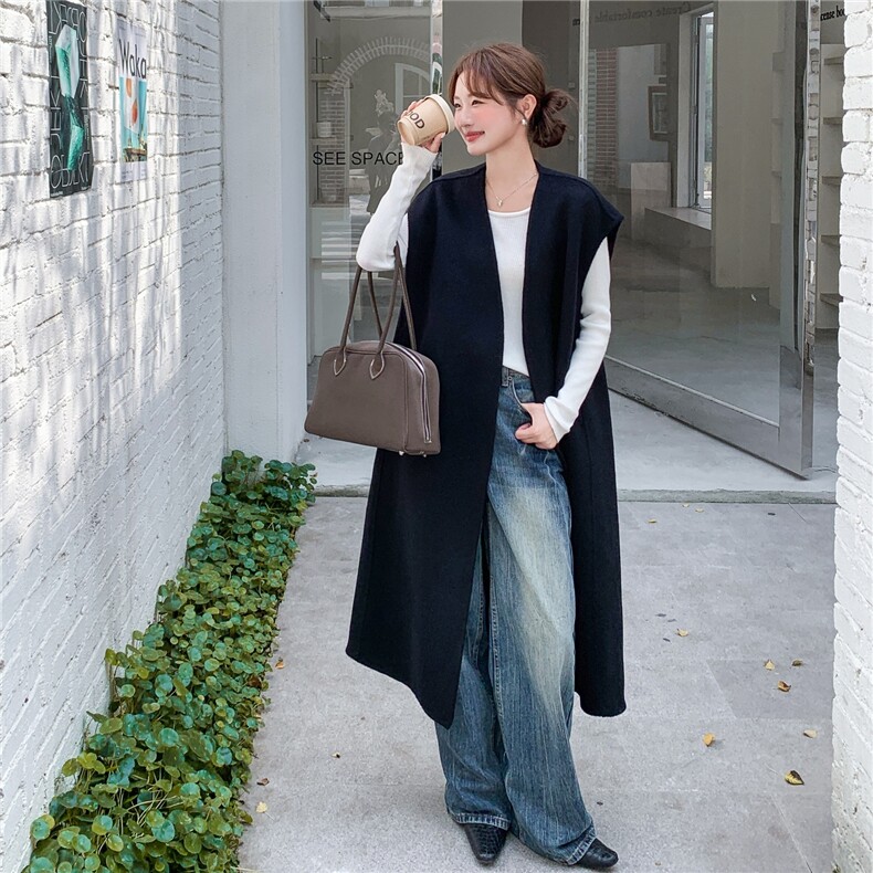 休闲减龄黑色双面呢羊毛马甲外套女秋冬2025新款气质超火长款大衣,女装毛呢外套,2C220